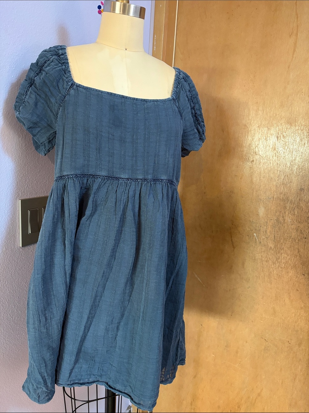 American Eagle Outfitters Blue Puff-Sleeve Square-Neck Babydoll Dress